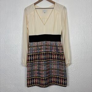 Milly Nicola Deep V-Neck Silk Tweed Long Sleeve Dress Career Size 6